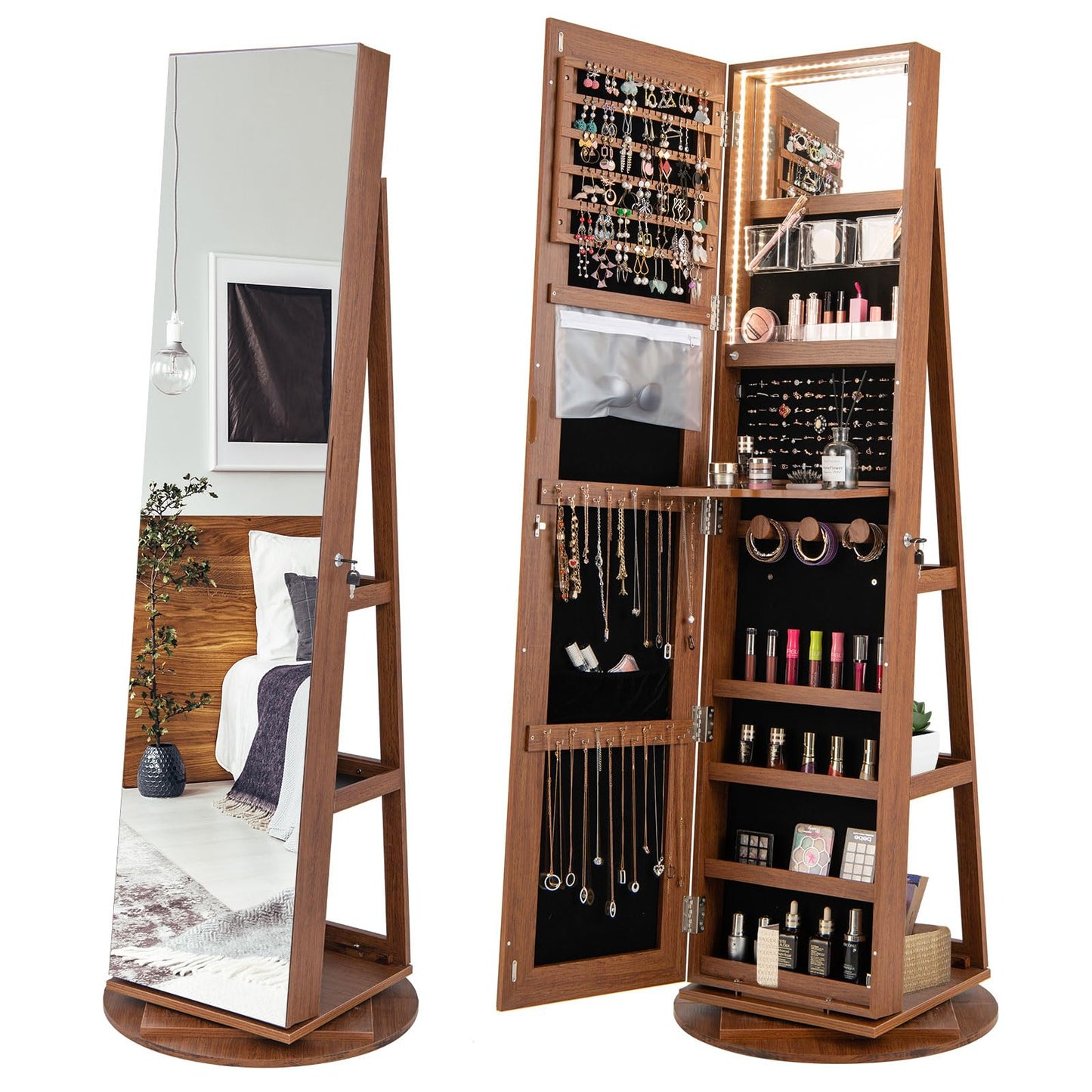 360° Rotating Mirrored Jewelry Cabinet Armoire 3 Color LED Modes Lockable