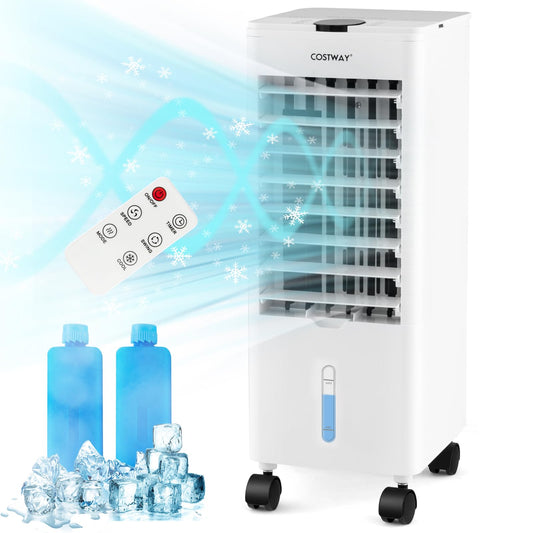 Evaporative Air Cooler, 3-in-1 Quiet 60° Oscillation Fan with Remote Control, 2 Ice Packs, 3 Speeds, 3 Modes, 12H Timer