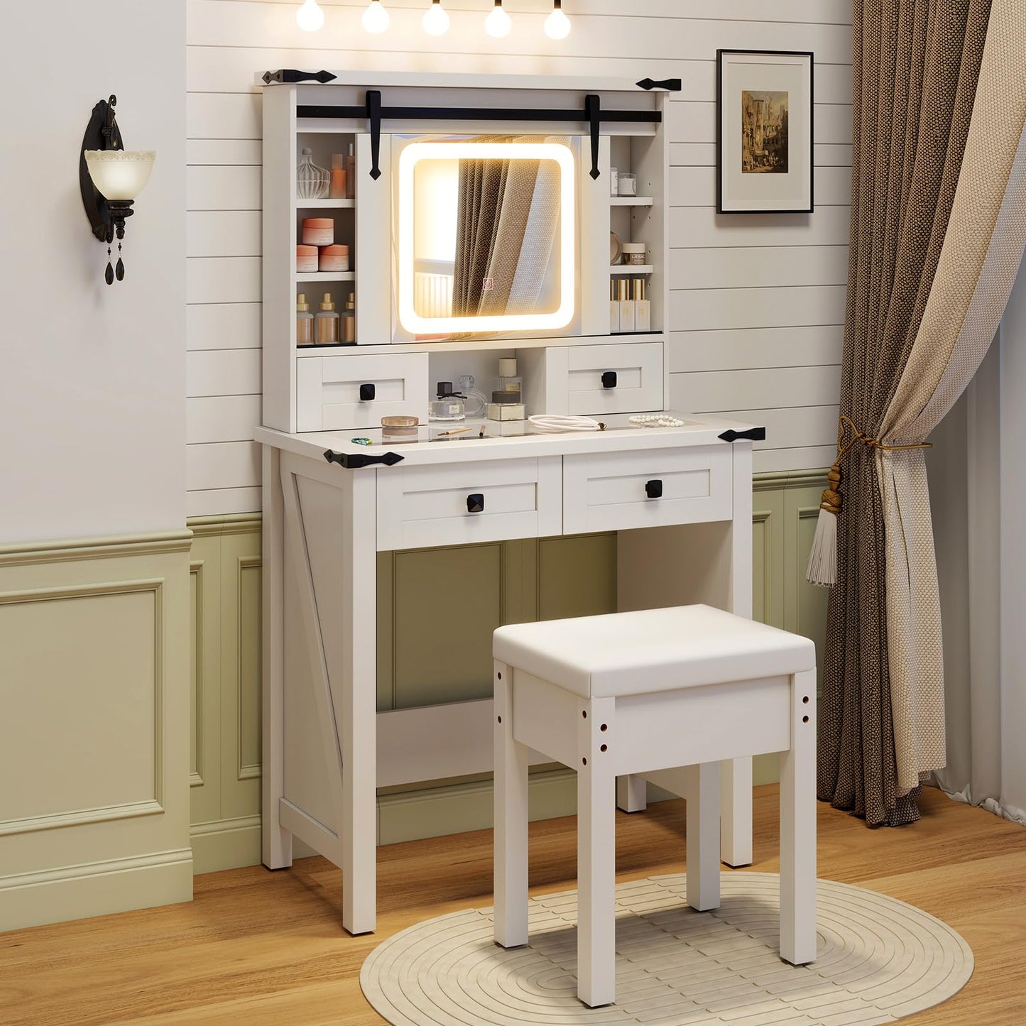 31'' Farmhouse Makeup Table with Sliding Mirror