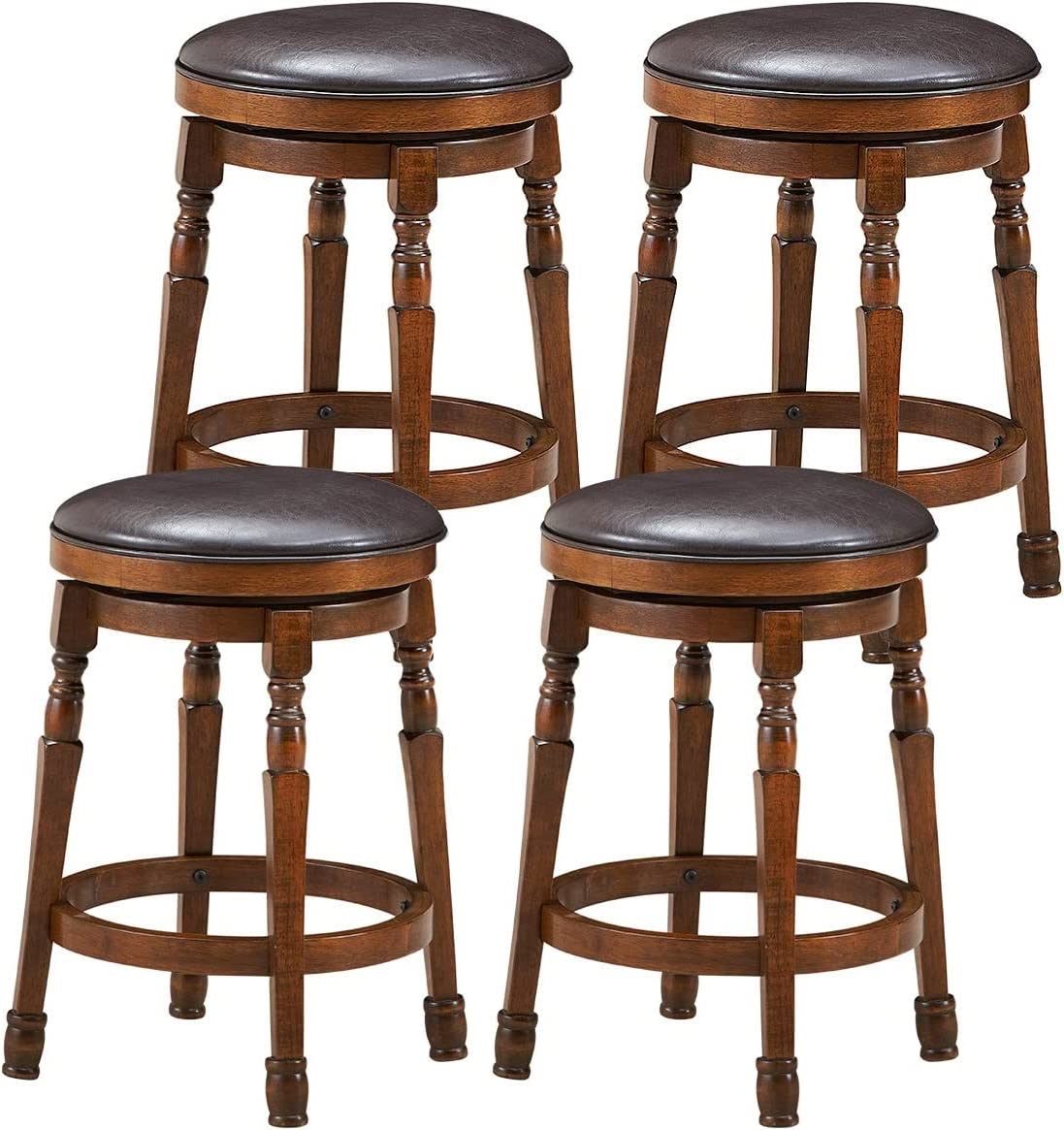 24 Inch Counter Height Round Bar Stool with 360° Swivel Cushioned Seat & Sturdy Natural Rubber Wood