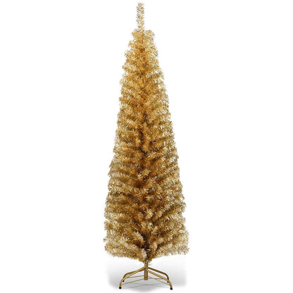 6FT Snow Flocked Pencil Slim Christmas Tree Artificial Hinged Xmas Tree with Metal Stand