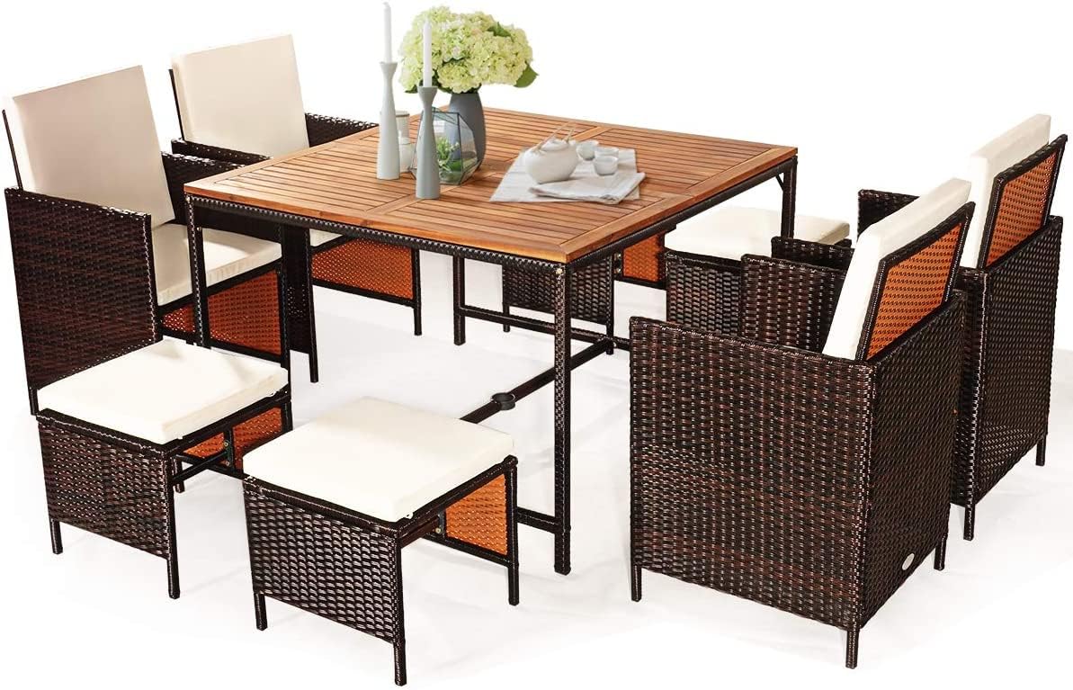 9PCS Patio Rattan Dining Set with Ottomans for Backyard Garden