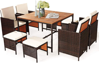 9PCS Patio Rattan Dining Set with Ottomans for Backyard Garden