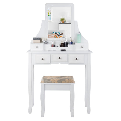 Vanity Desk and Cushioned Stool Set with 5 Storage Drawers