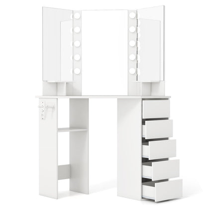Corner Vanity Desk with Mirror and Lights for Women