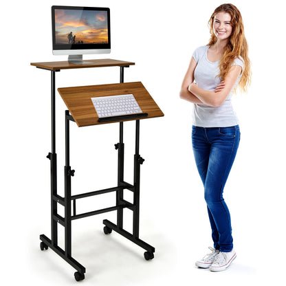 Height Adjustable Rolling Laptop Cart w/Tilting Desktop for Standing or Sitting