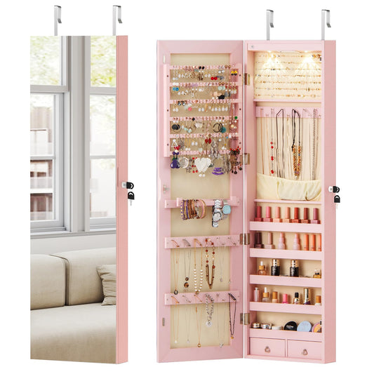 Wall Door Mounted Jewelry Organizer w/Full-length Mirror and 2 LED Lights