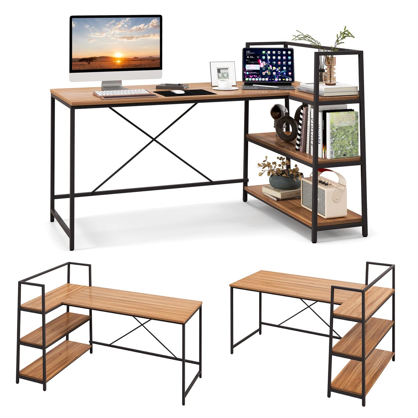 59 Inch L-Shaped Computer Desk with Open Storage Shelves