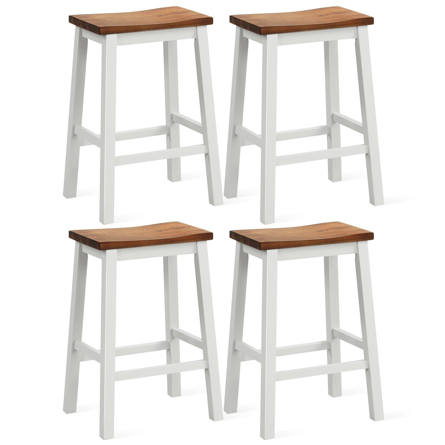 24.5 Inch Bar Stools Set of 2/4 Solid Wood Saddle Stools w/Footrests