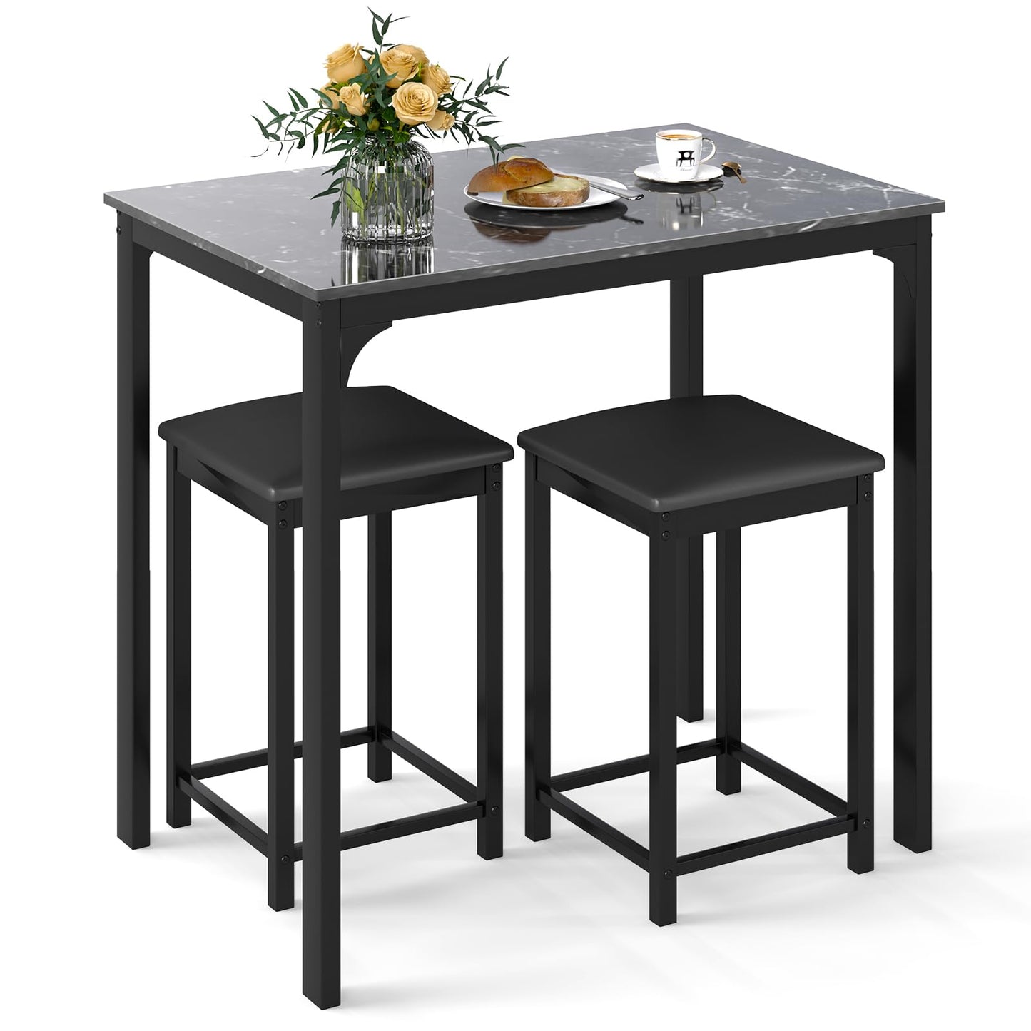 3-Piece Dining Table Set for 2 Bar Table with Counter Height Faux Marble Tabletop