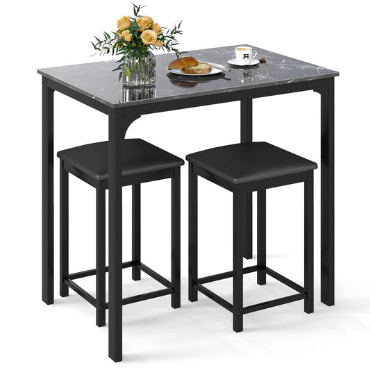 3-Piece Dining Table Set for 2 Bar Table with Counter Height Faux Marble Tabletop