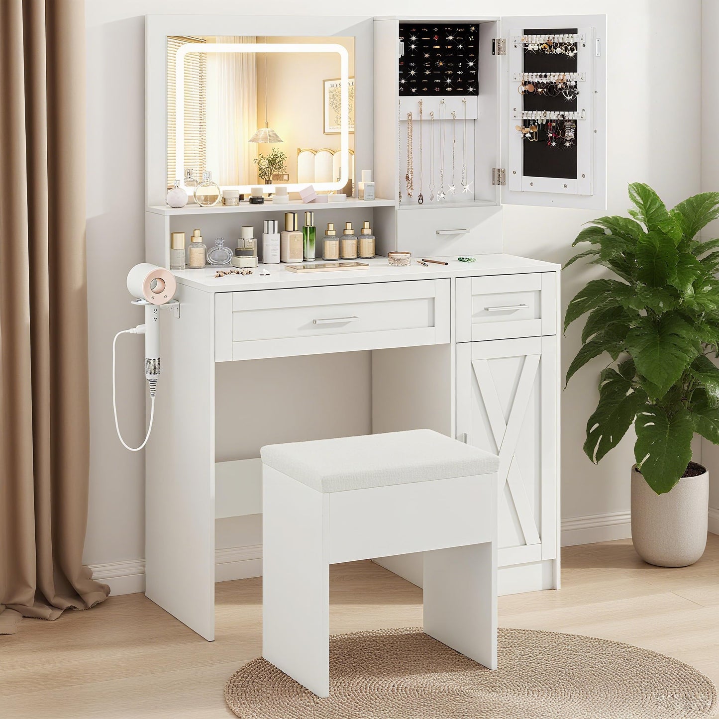 35.5'' Farmhouse Dressing Table with Jewelry Cabinet
