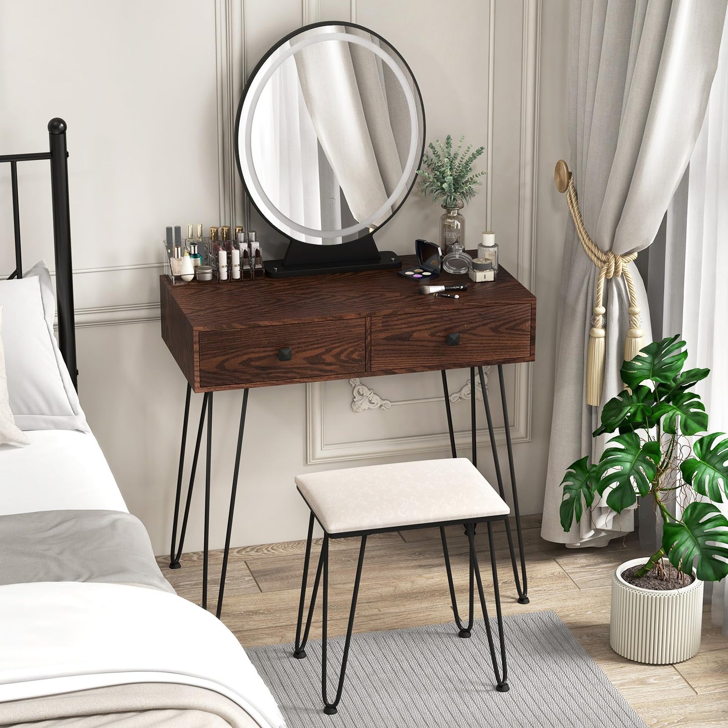 Makeup Dressing Table Set w/ 3 Color Lighting Modes & Adjustable Brightness