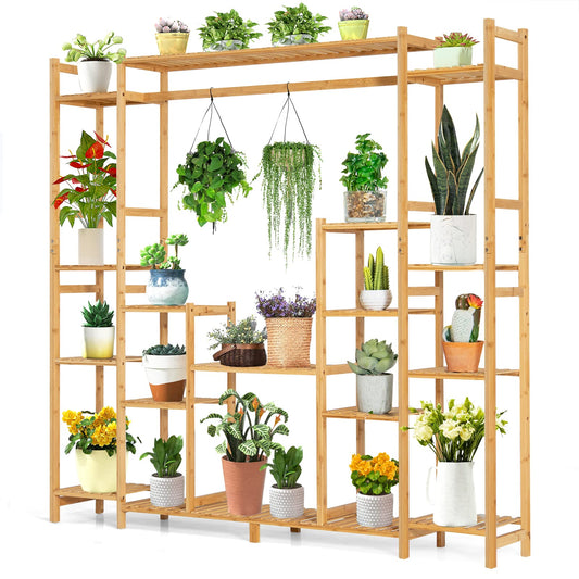 Bamboo Plant Stand with Hanging Rack & Anti-Dumping Device 2-In-1 High-Low Plant Holder Shelf