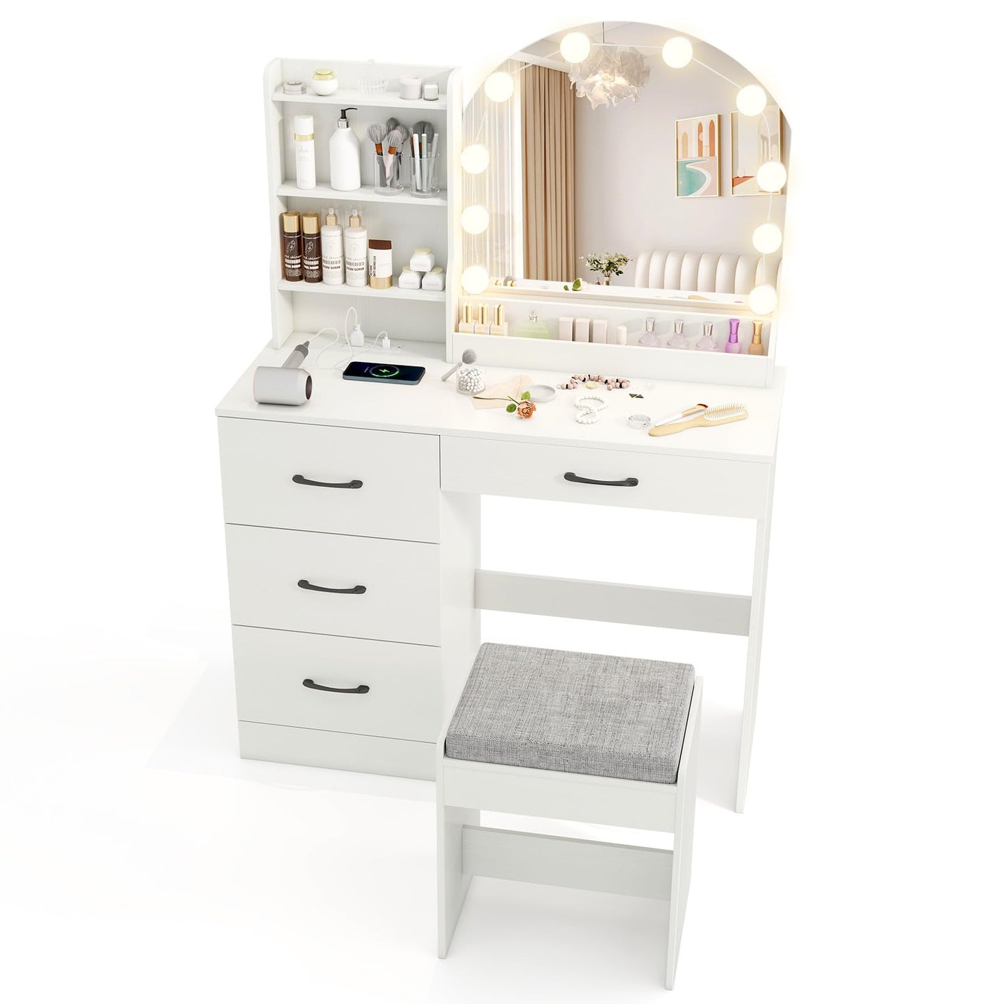 Dressing Table with Charging Station Bedroom Makeup Vanity Set for Girl