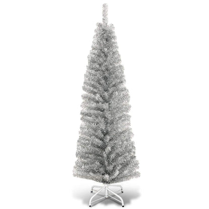 6FT Snow Flocked Pencil Slim Christmas Tree Artificial Hinged Xmas Tree with Metal Stand