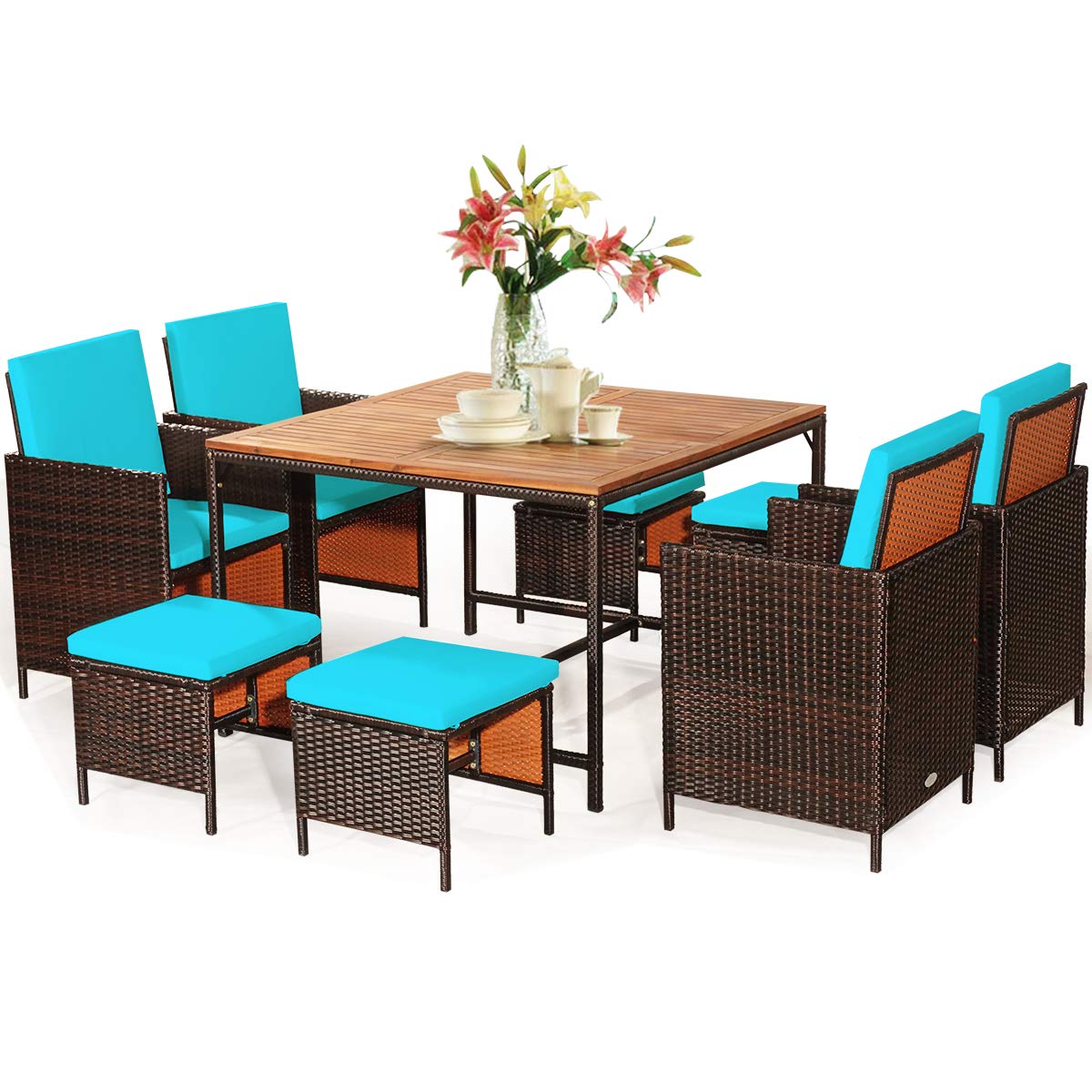 9PCS Patio Rattan Dining Set with Ottomans for Backyard Garden