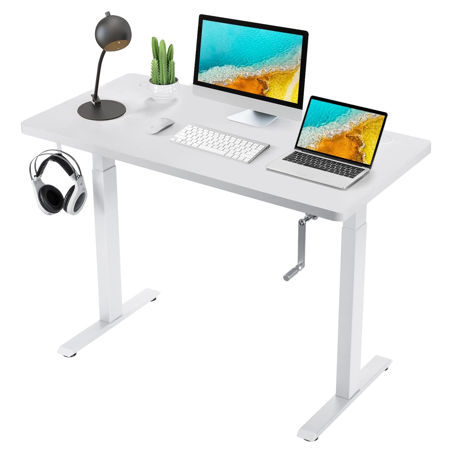 48" x 24" Manual Sit to Stand Desk with Headphone Hook & Cable Tray