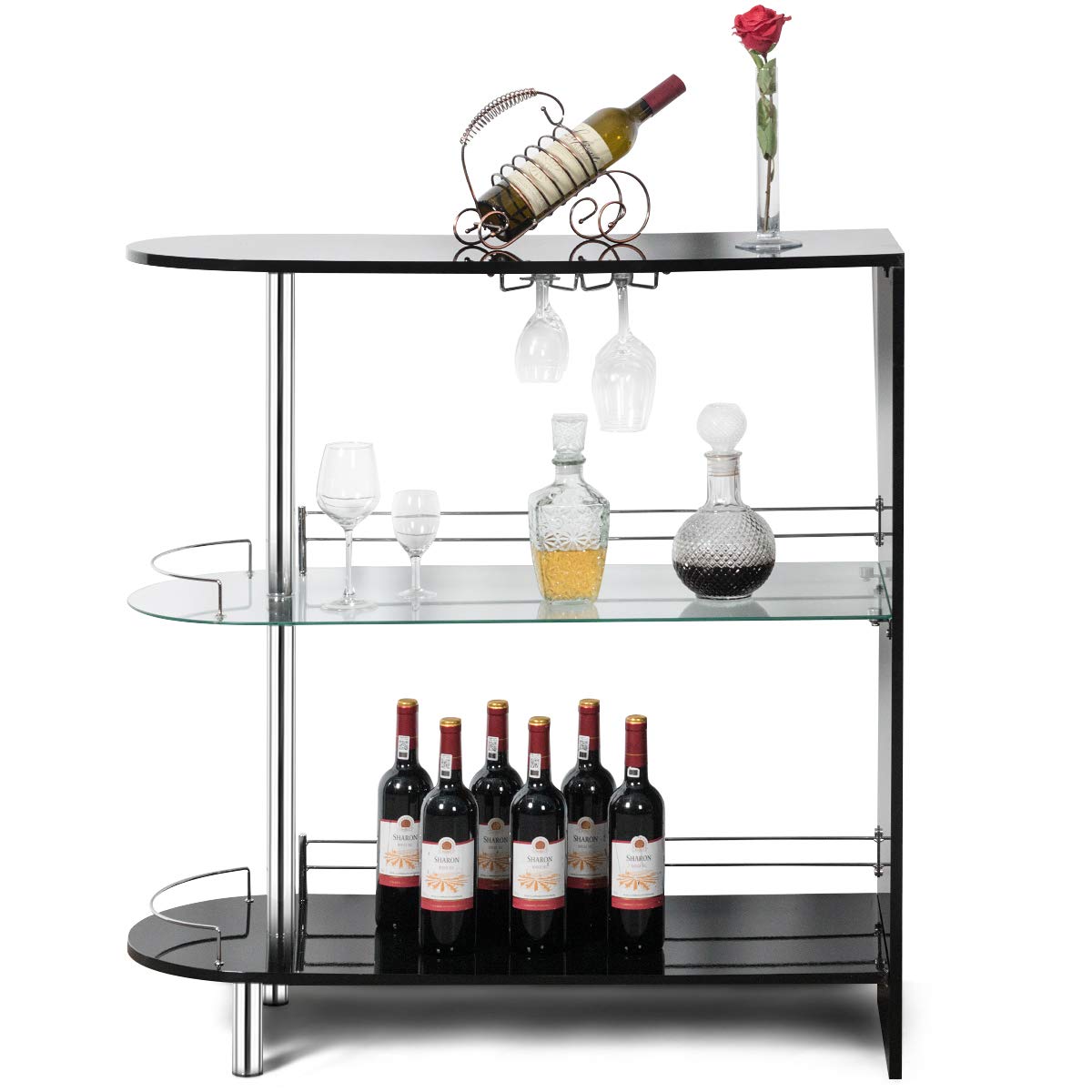 Bar Cabinets Table with 2-Holder Modern Liquor Display Bar Cabinet with Tempered Glass Shelves