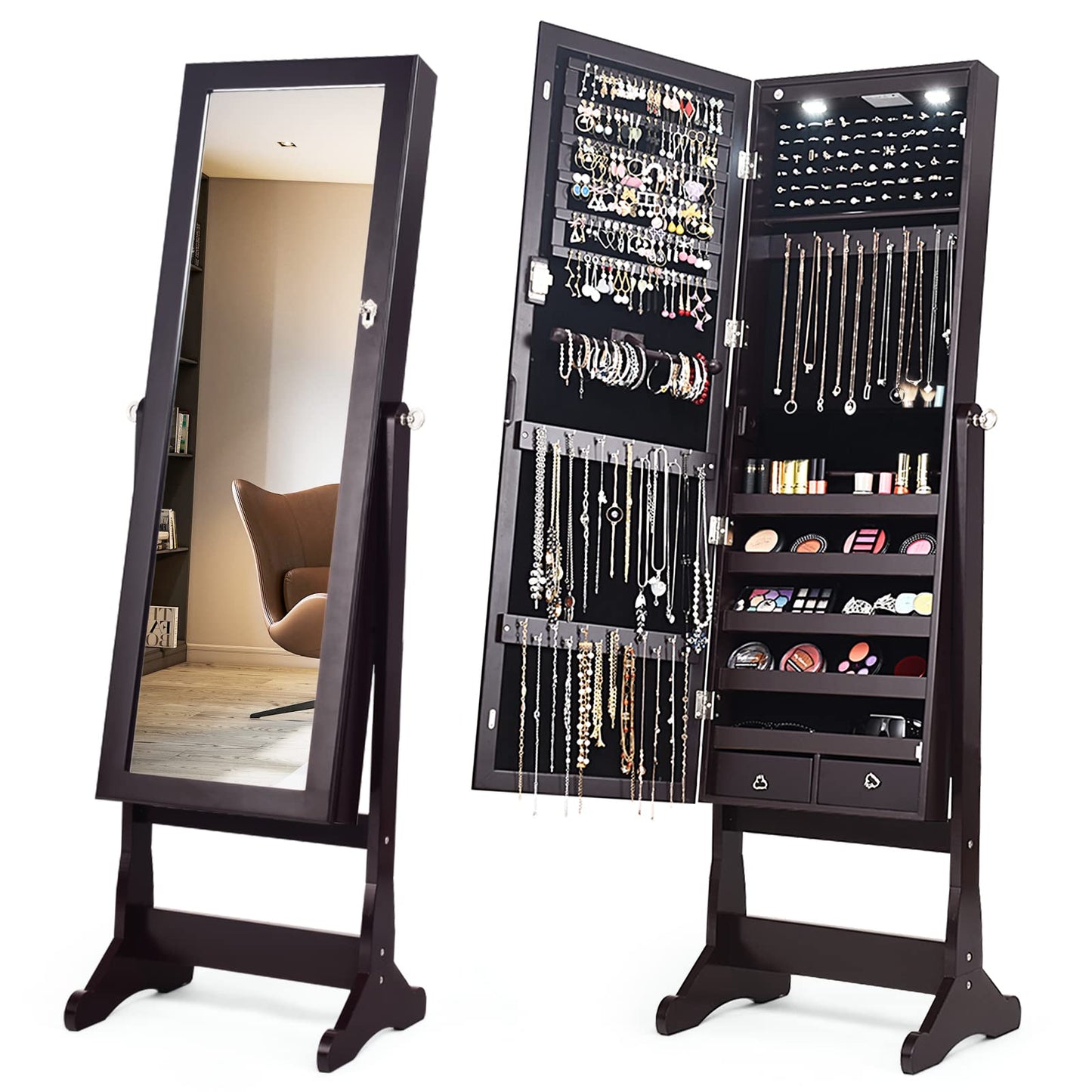 57.5" Jewelry Armoire with Full Length Mirror for Women