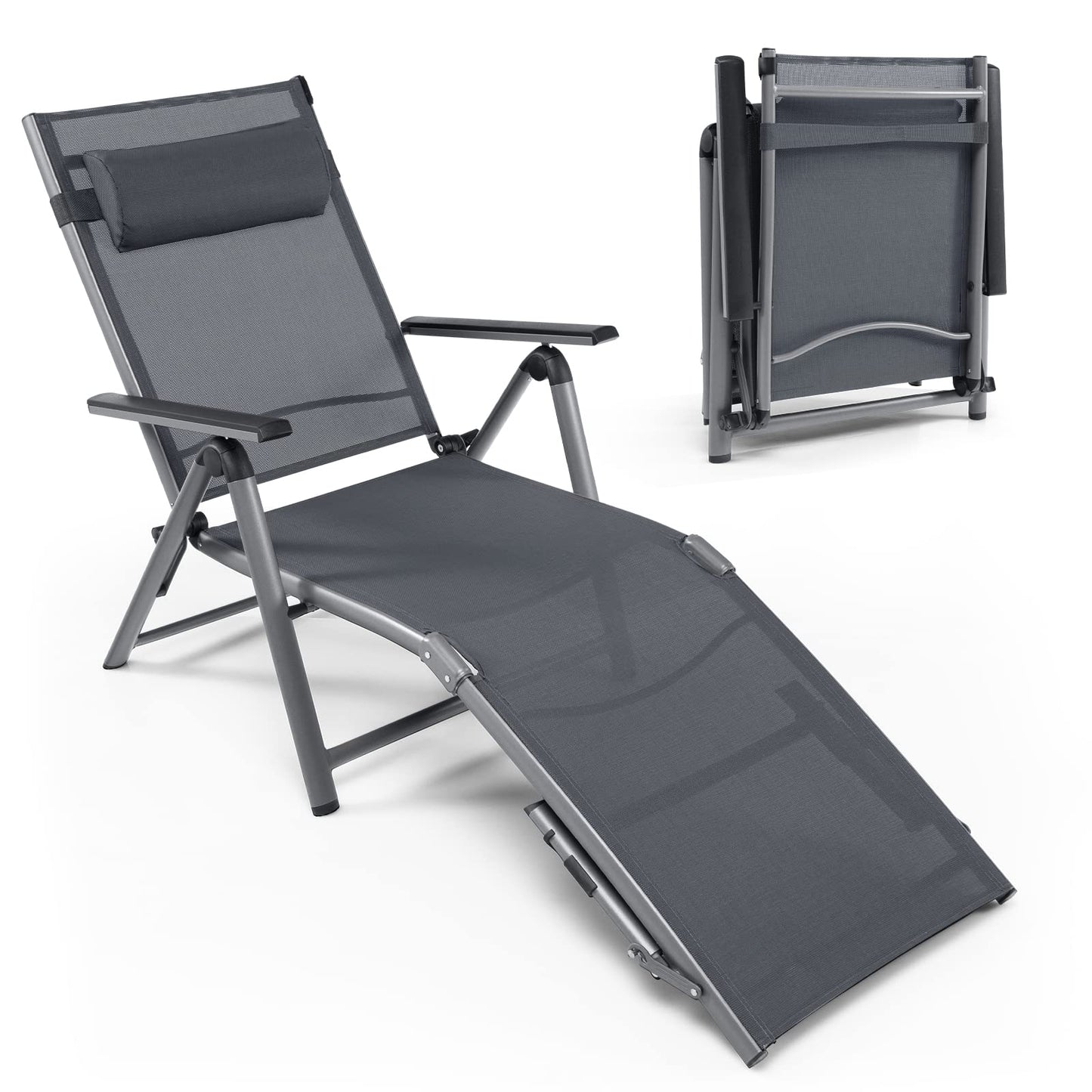 Folding Aluminum Lounge Chair Outdoor Pool Lounger with 8-Position Adjustable Backrest & Ergonomic Headrest