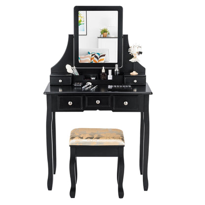 Vanity Desk and Cushioned Stool Set with 5 Storage Drawers