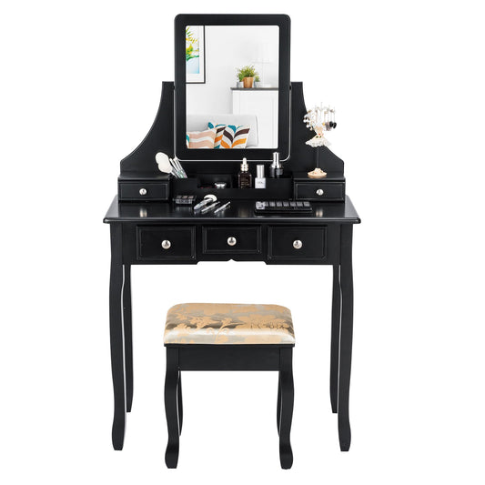 Vanity Desk and Cushioned Stool Set with 5 Storage Drawers