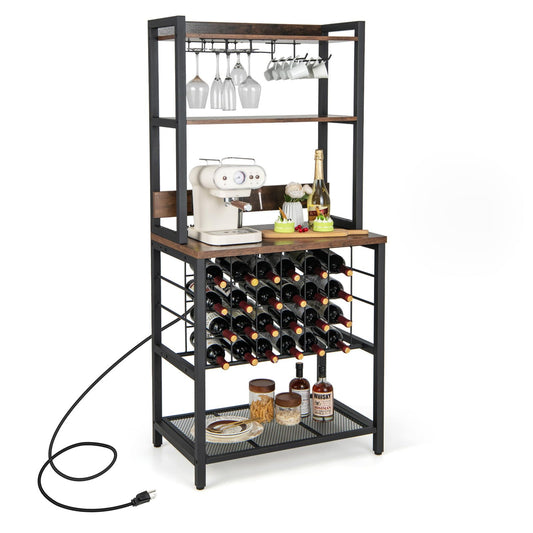 Wine Bar Cabinet with Power Outlets 4-Tier Floor Liquor Bar Cabinet