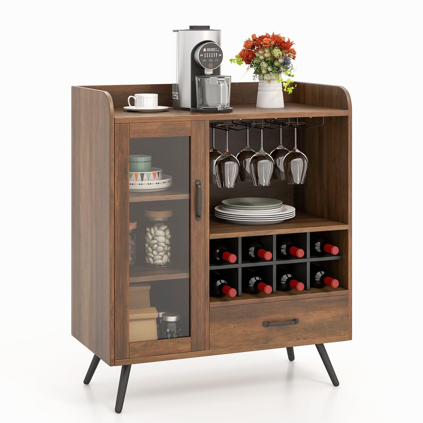 Wine Storage Cabinet with 3 Row Wineglass Holder for Dining Room & Living Room