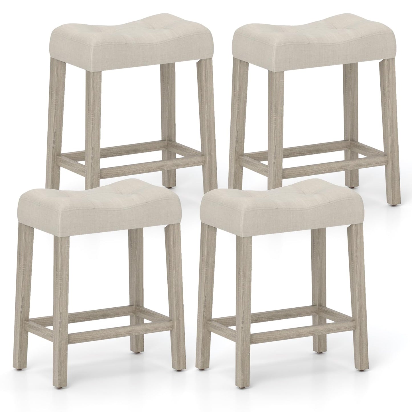 Wooden Saddle Stools Set of 4 with Solid Rubber Wood Legs