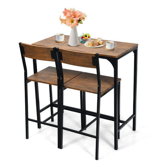 3 Pieces Bar Table Set Pub Table Set W/Heavy Duty Steel Frame
