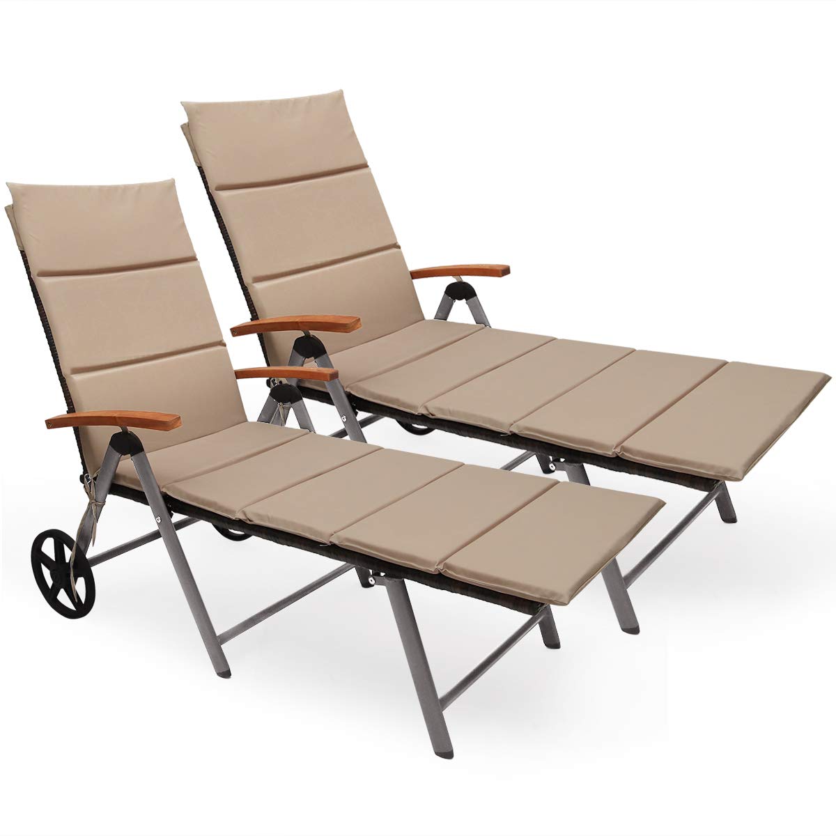 Folding Rattan Lounge with Wheels Aluminum Patio Lounger with 7 Adjustable Positions