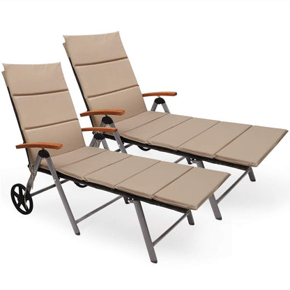 Folding Rattan Lounge with Wheels Aluminum Patio Lounger with 7 Adjustable Positions
