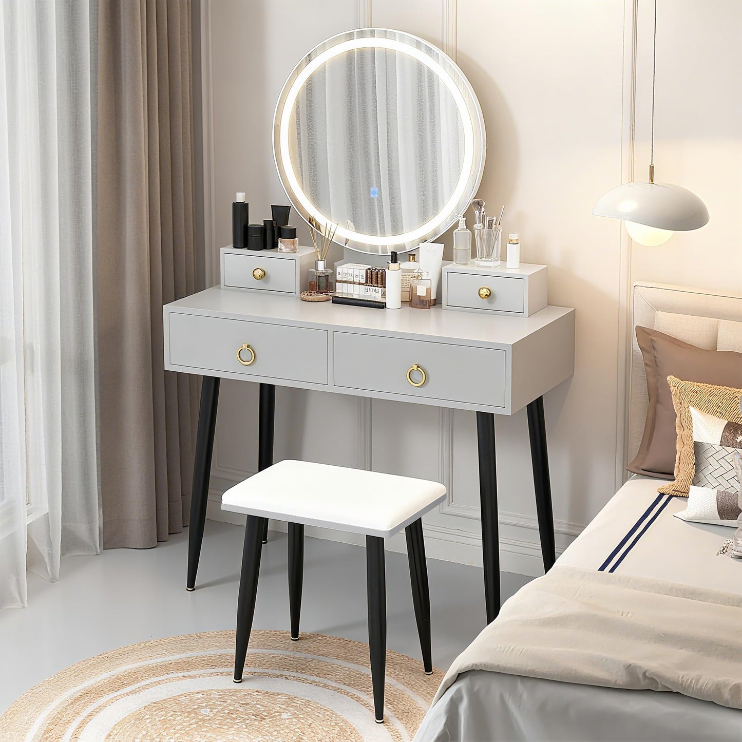 Vanity Table Set with Mirror and Lights w/ 3 Color Lighting Modes & Adjustable Brightness
