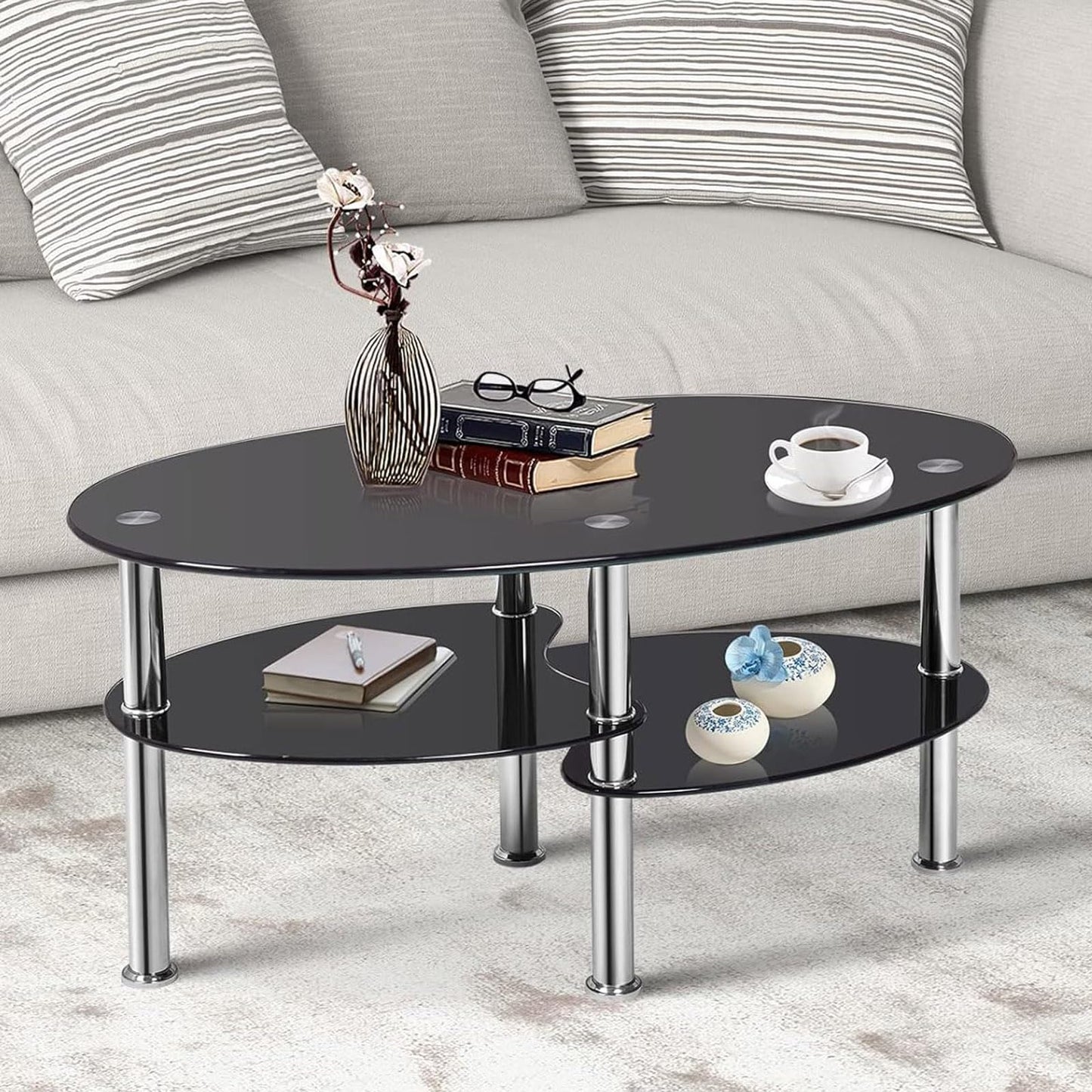 Glass Coffee Table 3-Tier Sofa End Table