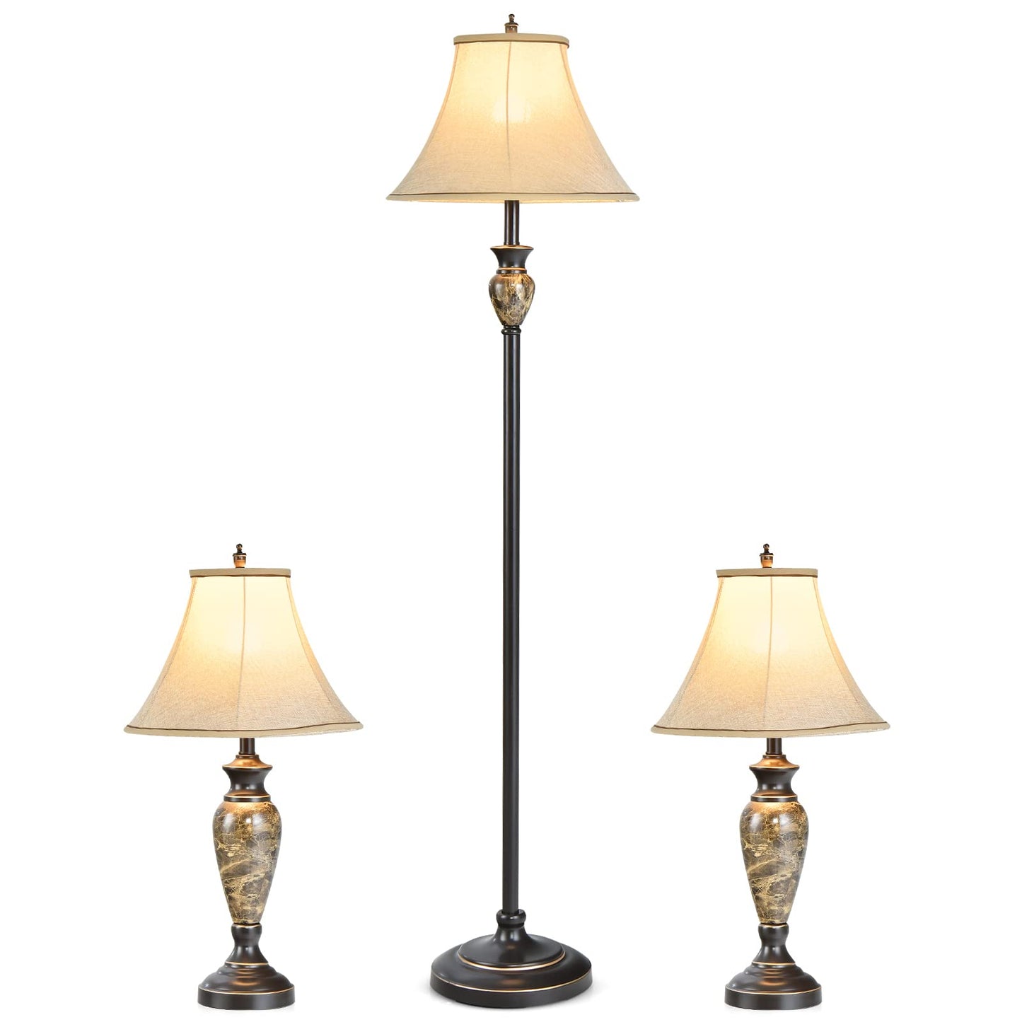 Table and Floor Lamp Set, 3-Piece Traditional Style Lamp Set