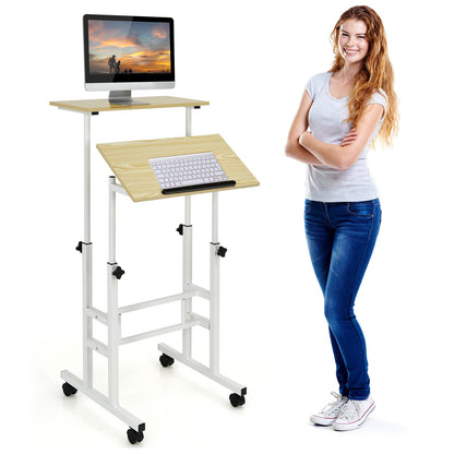 Height Adjustable Rolling Laptop Cart w/Tilting Desktop for Standing or Sitting