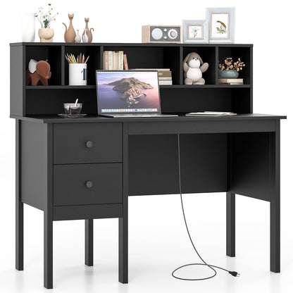 Writing Desk with USB Charging Ports & Power Outlets 48" Computer Desk with Drawers & 5-Cubby Hutch