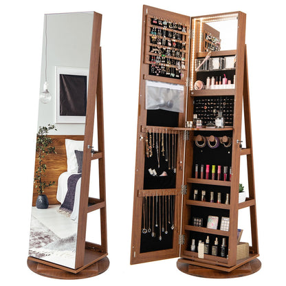 360° Rotating Mirrored Jewelry Cabinet Armoire 3 Color LED Modes Lockable