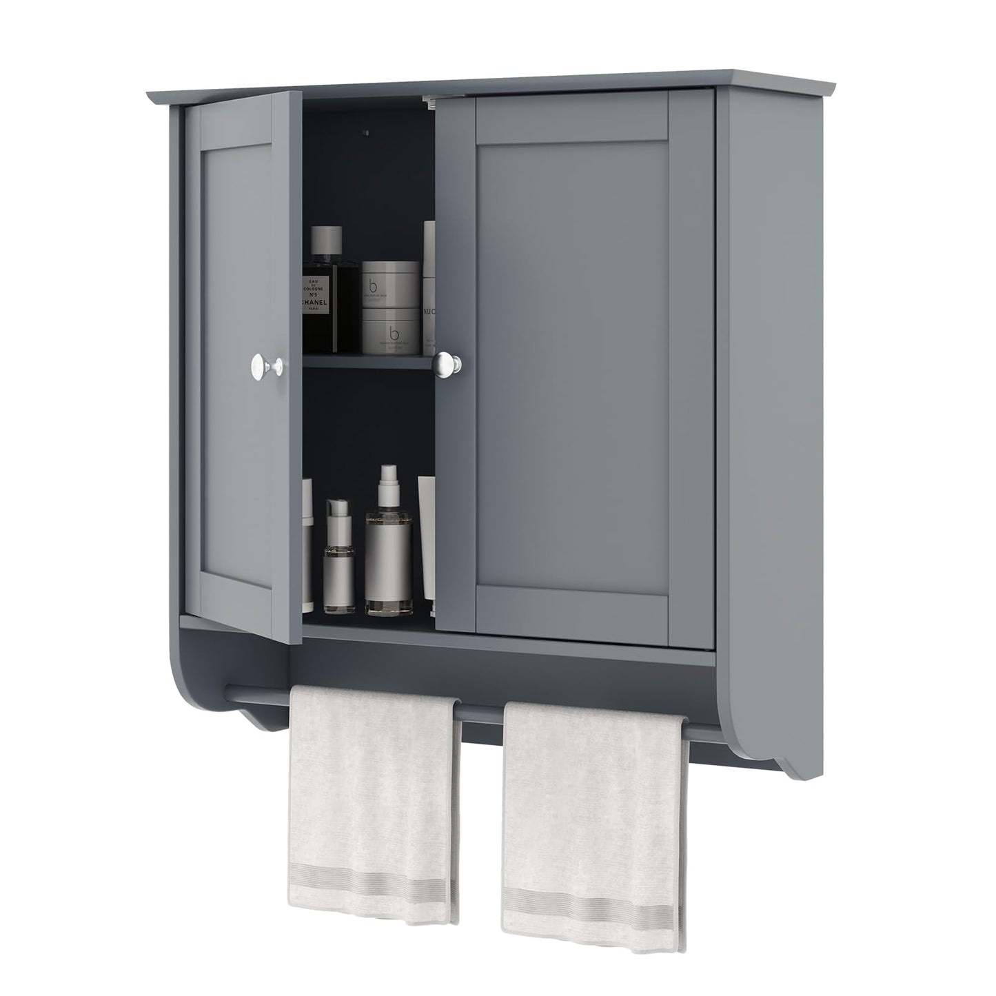 Bathroom Wall Cabinet Over The Toilet Storage Cabinet w/ 2 Doors Adjustable Shelf and Towel Bar
