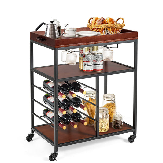 Kitchen Rolling Island Cart with 9-Bottle Wine Racks & Glass Holders