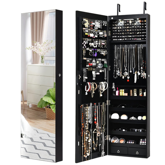 Mirror Jewelry Armoire Wall Door Mounted Jewelry Organizer w/Full-length Mirror and 2 LED Lights