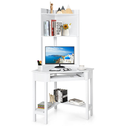 Corner Desk with Keyboard Tray & Bottom Shelves for Small Space