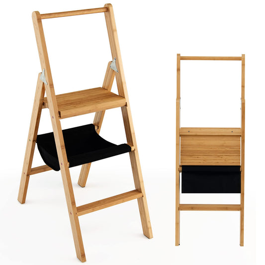 ARLIME 3 Step Bamboo Ladder Folding Step Stool with Storage Bag