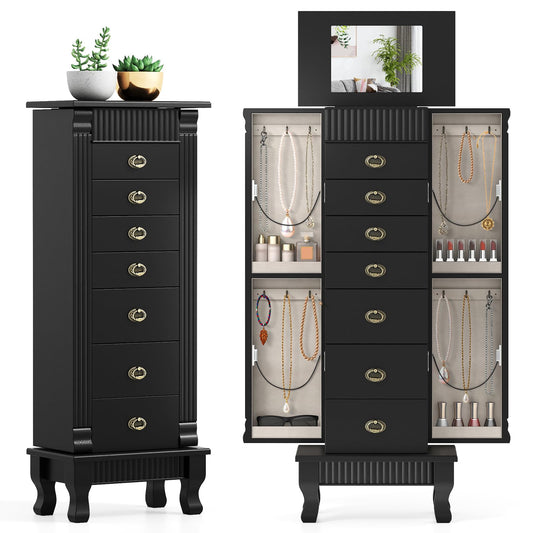 Standing Jewelry Cabinet with 7 Drawers Flip-Top Mirror & 2 Side Doors