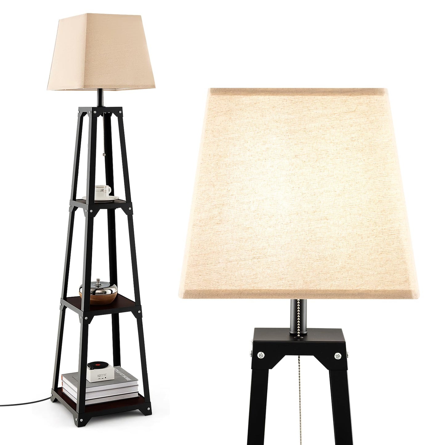 ARLIME Shelf Floor Lamp, Modern Wood Square Standing Lamp with 3 Tiers Shelves and Linen Shade