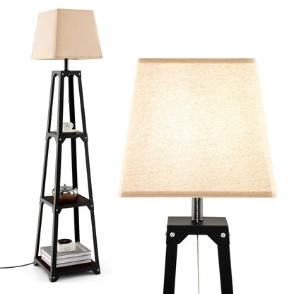 ARLIME Shelf Floor Lamp, Modern Wood Square Standing Lamp with 3 Tiers Shelves and Linen Shade
