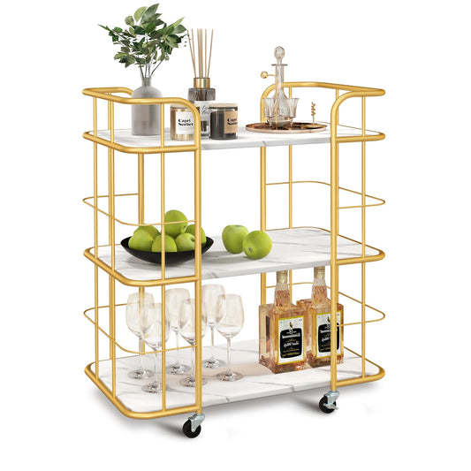 Gold Rolling Bar Cart 3-Tier Kitchen Utility Cart
