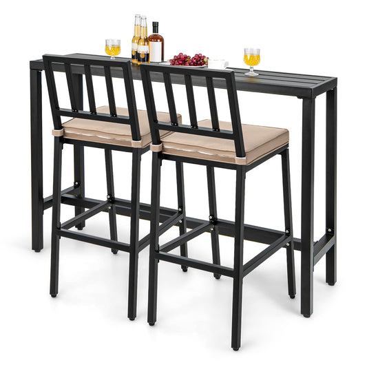 3 Piece Outdoor Patio Bar Set 55"/48" Rectangular Pub Height High Top Bar Table with 2 Cushioned Bar Stools