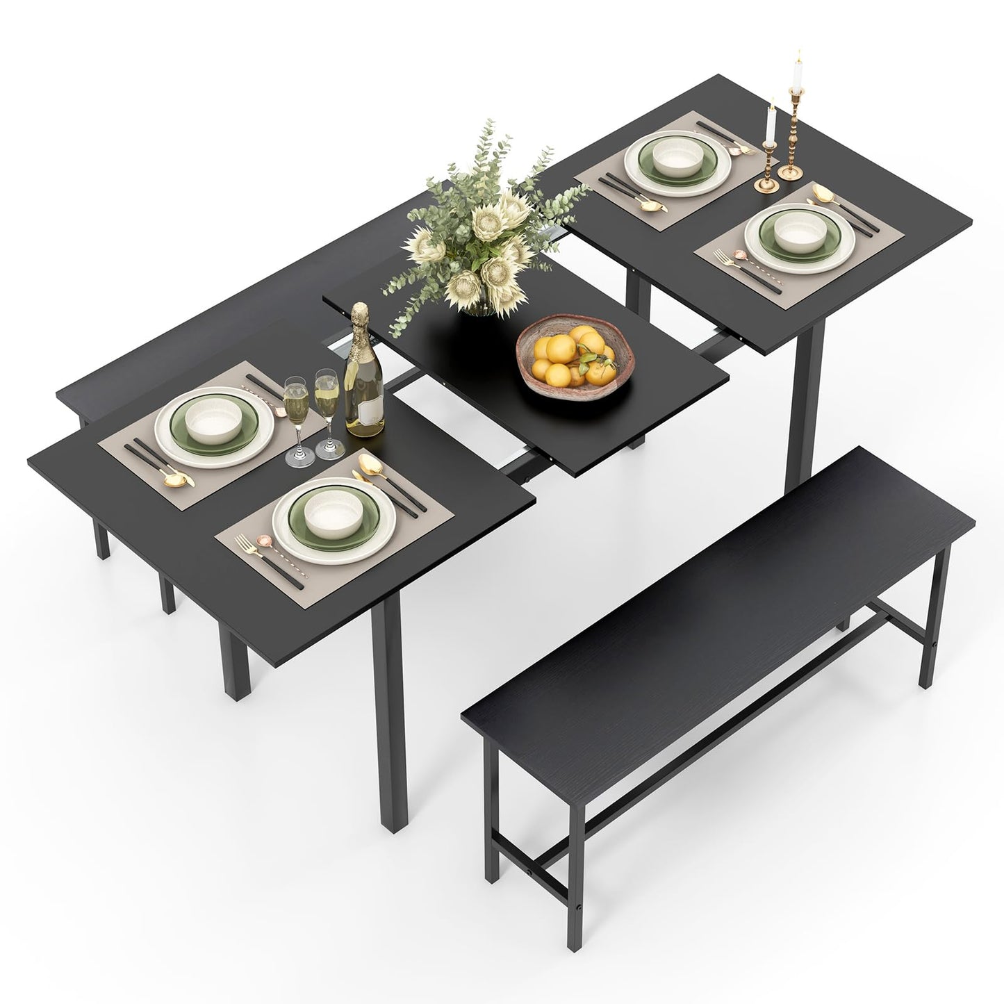 63” Extendable Kitchen Table Set with 2 Benches for Small Space